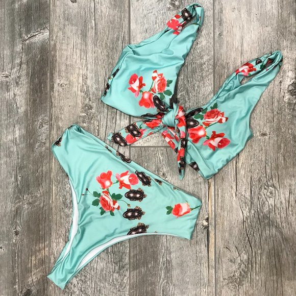Other - Floral Print Tie Front High Waist Bikini Set